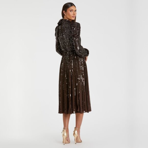 NWT Mac Duggal Long Sleeve Sequin Tea Length Dress 18 Dark Chocolate #8056 - Picture 3 of 11